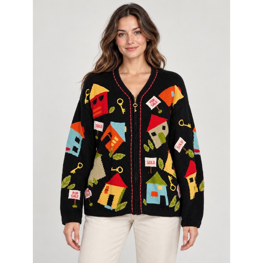 BellePointe Vintage Real Estate Novelty Zip Cardigan Sweater Black Houses Large